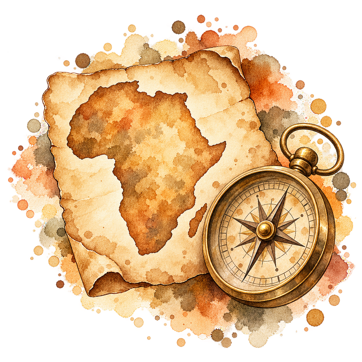 Watercolour illustration of an aged borderless map of Africa with an antique compass.