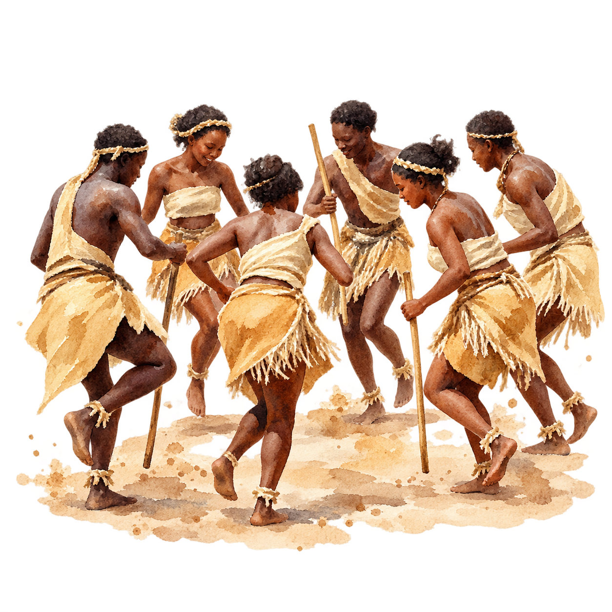 Watercolour illustration of Damara people dancing in traditional blue, green and white colours.