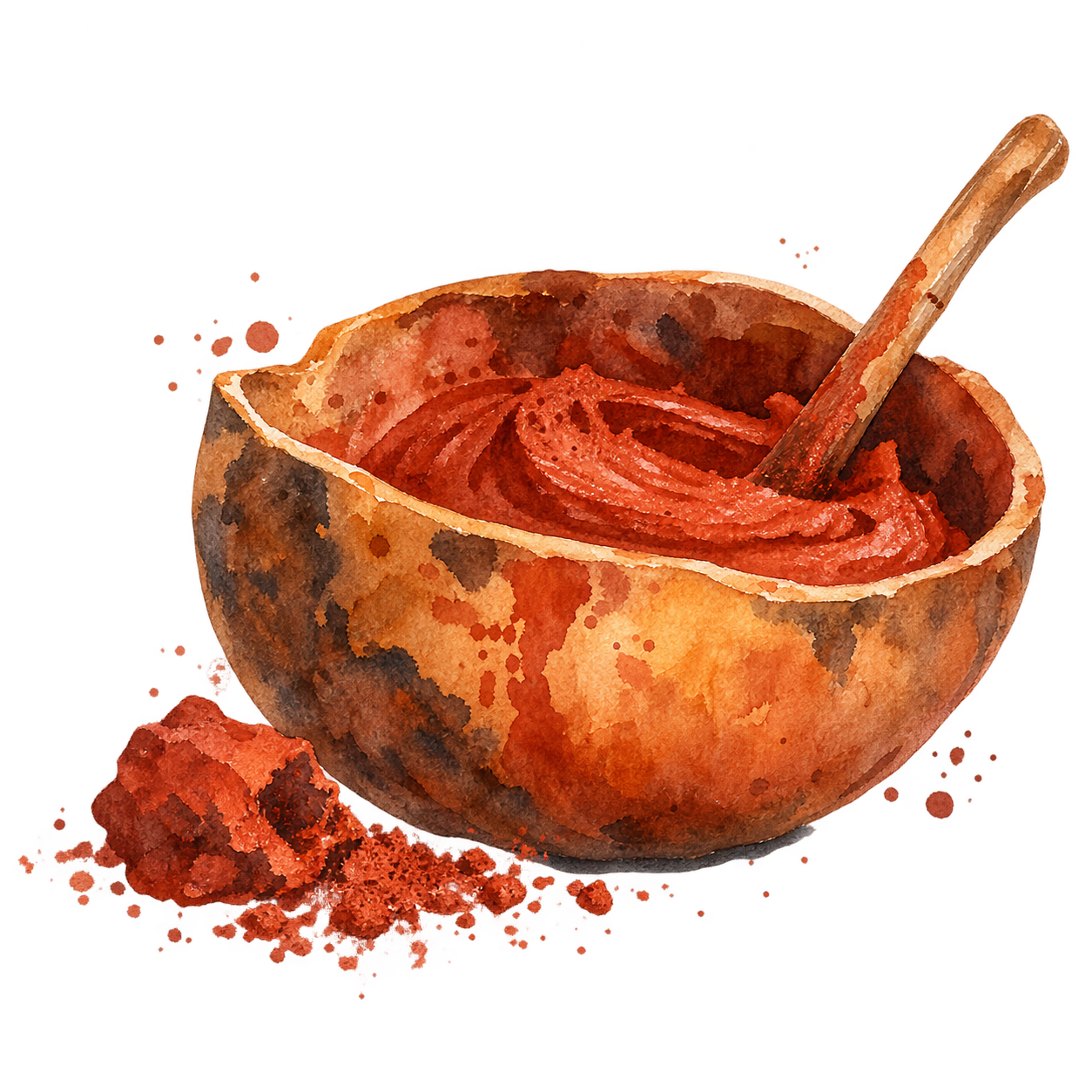 Watercolour illustration of an ochre vessel representing otjize preparation and body adornment.