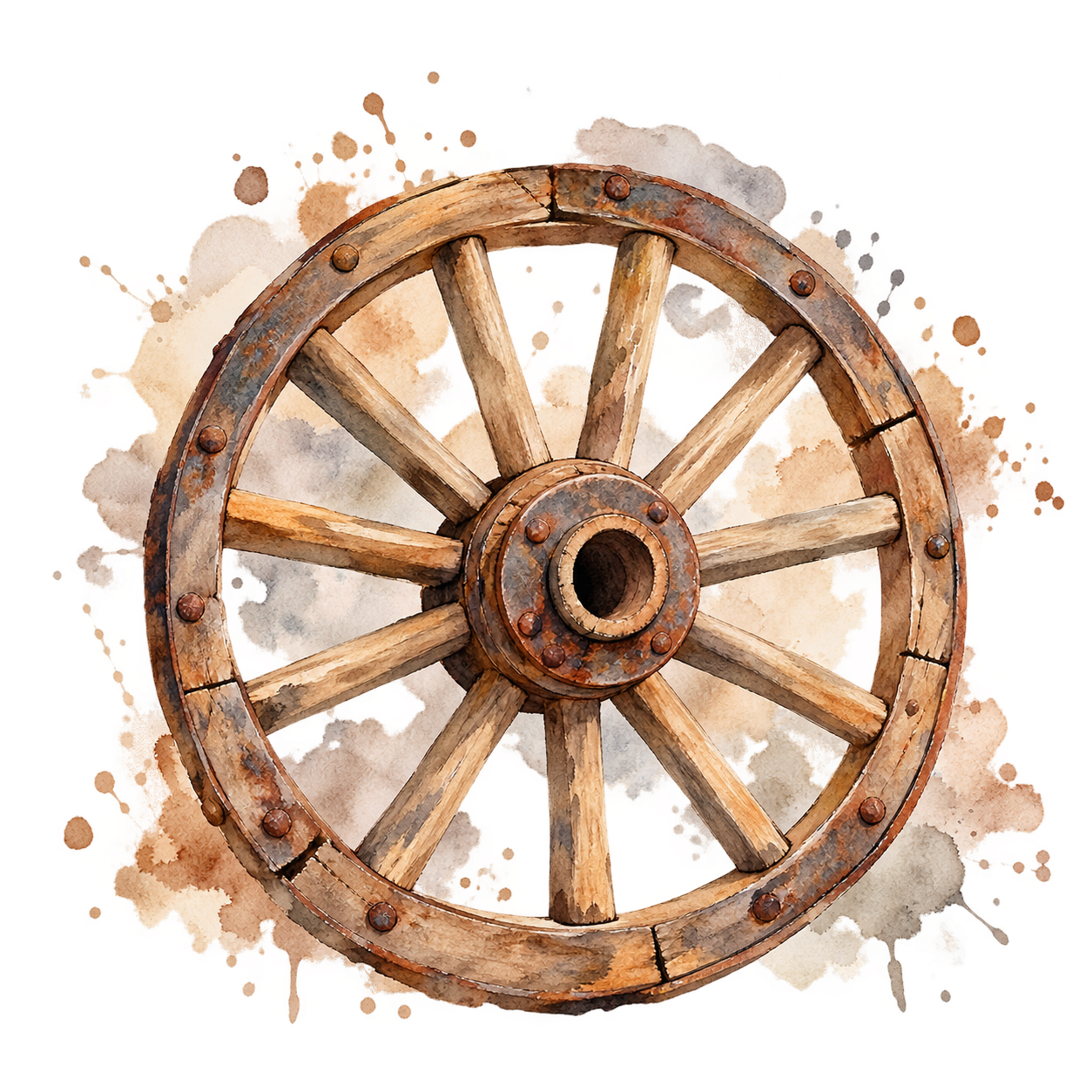 Watercolour illustration of an old wagon wheel, referencing historical movement and settlement.