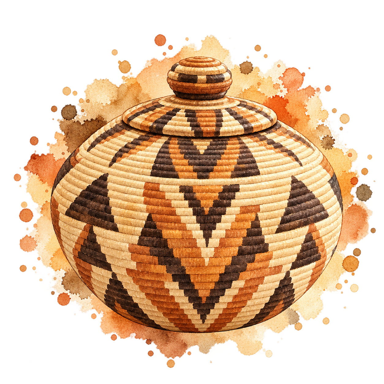Watercolour illustration of a lidded woven basket associated with BaTswana craft traditions.