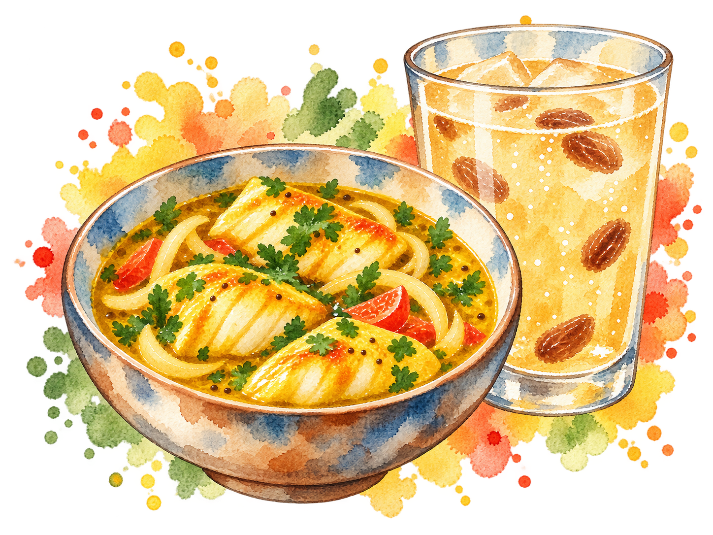Watercolour illustration of curry fish with a glass of homemade ginger beer and raisins.