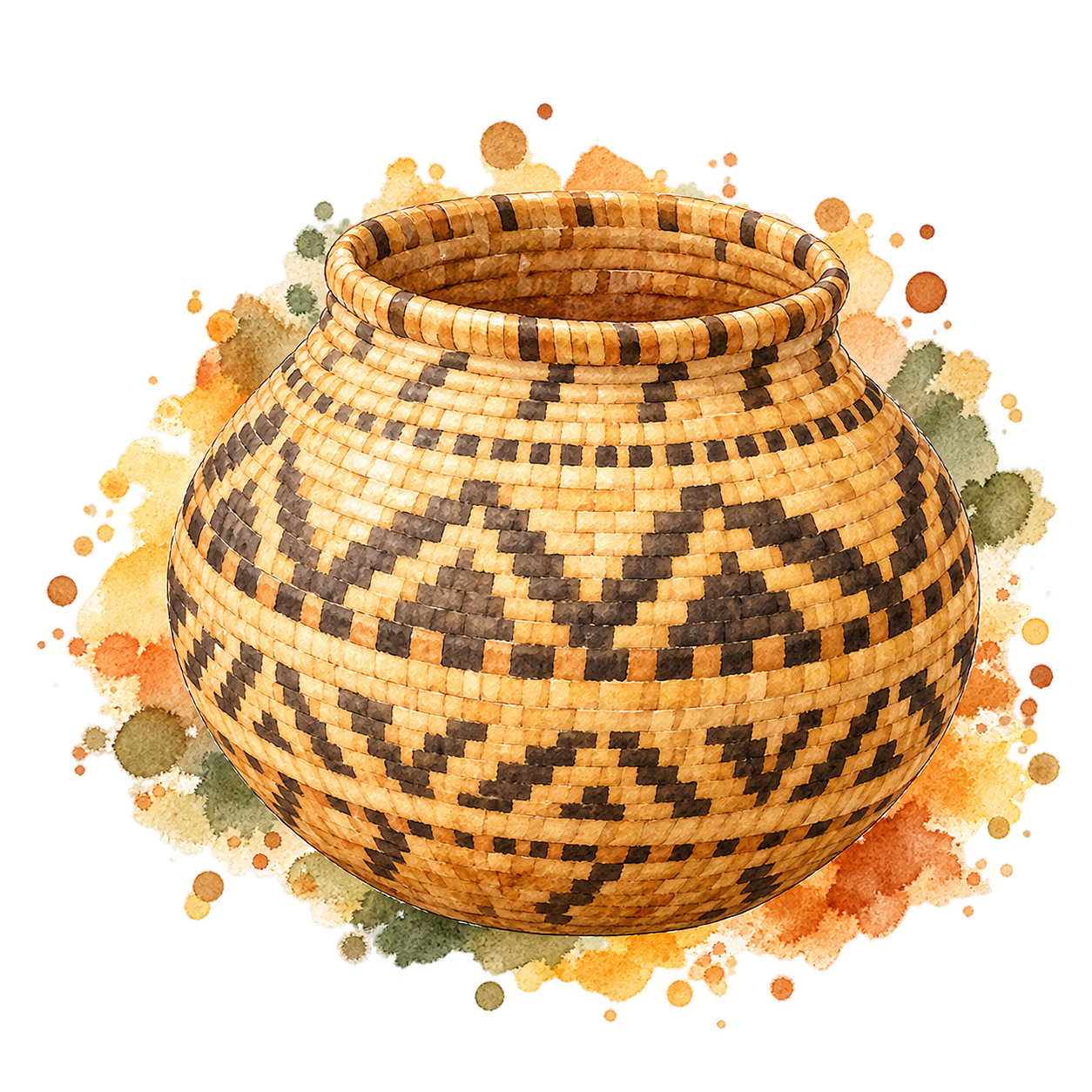 Watercolour illustration of a woven Kavango basket.