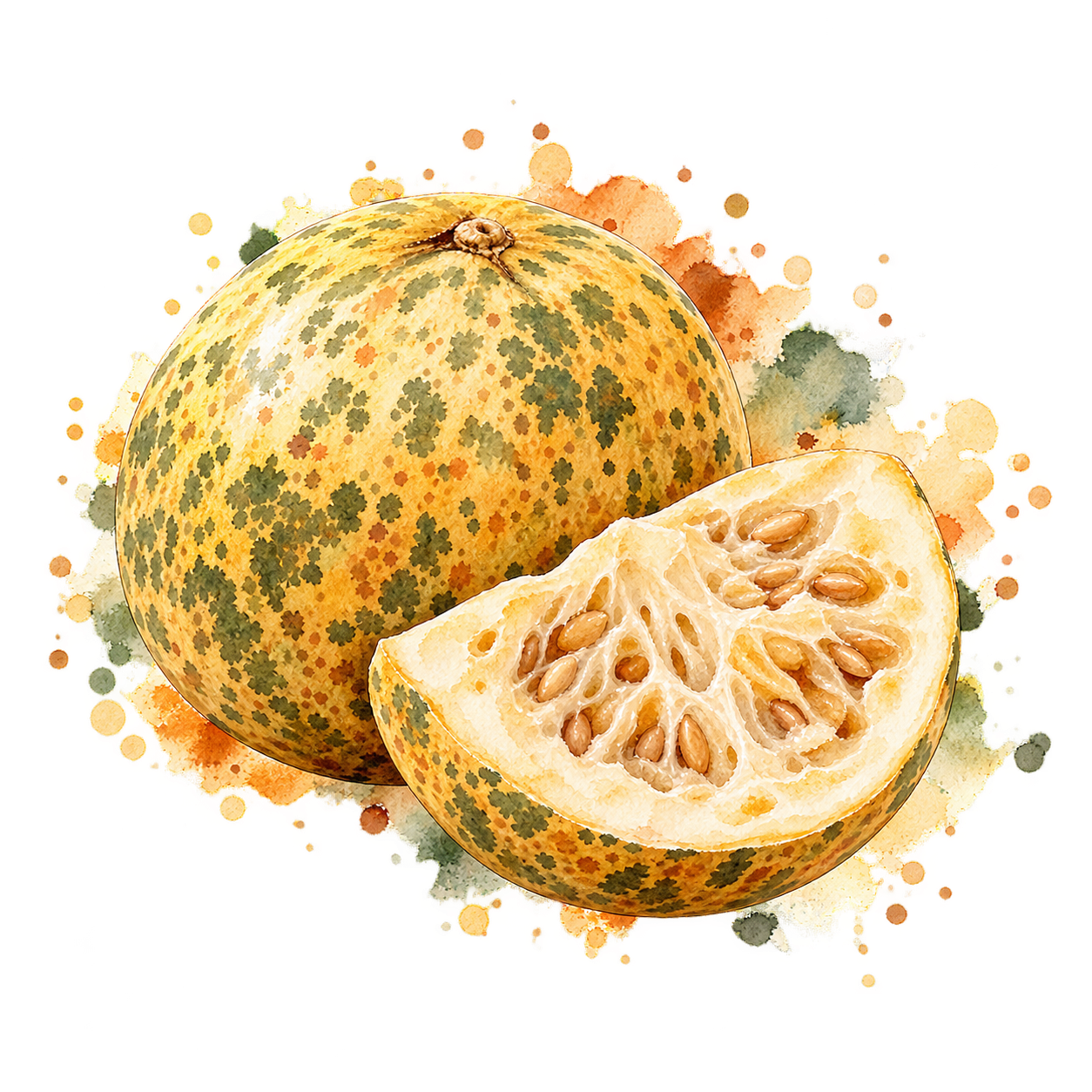 Watercolour illustration of a !nara fruit, strongly associated with ≠Aonin life in the lower Kuiseb and central Namib.
