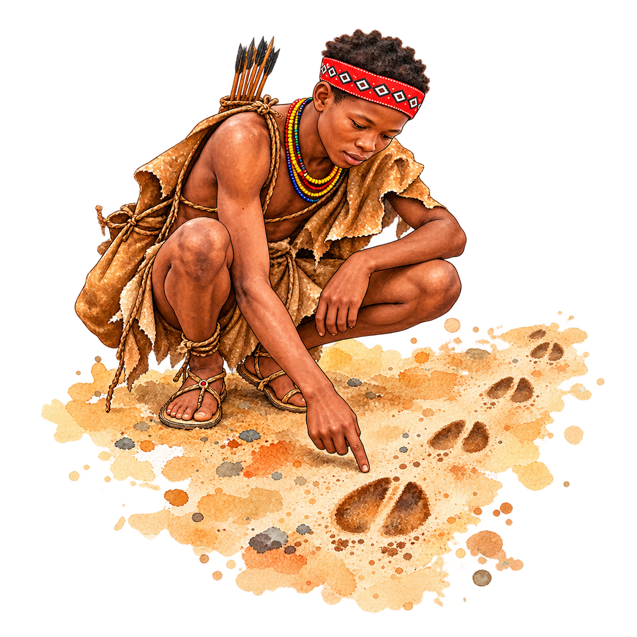 Watercolour illustration of a San tracker reading animal spoor in the sand.