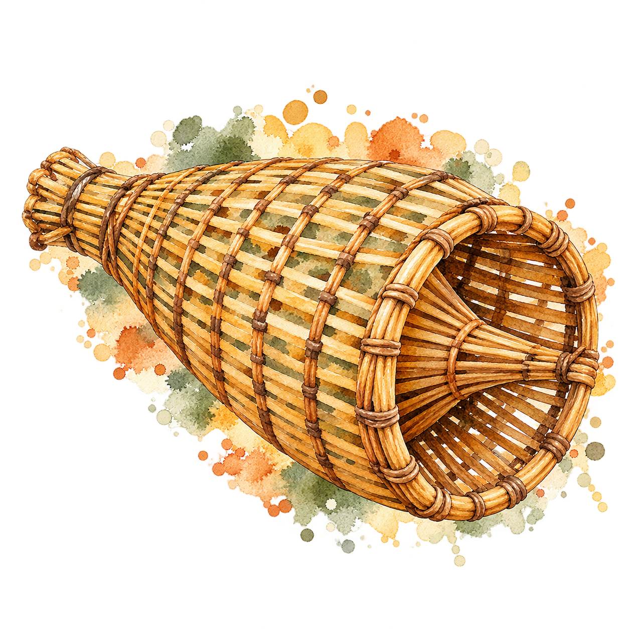 Watercolour illustration of a woven fish trap, referencing river and floodplain livelihoods in the Zambezi Region.