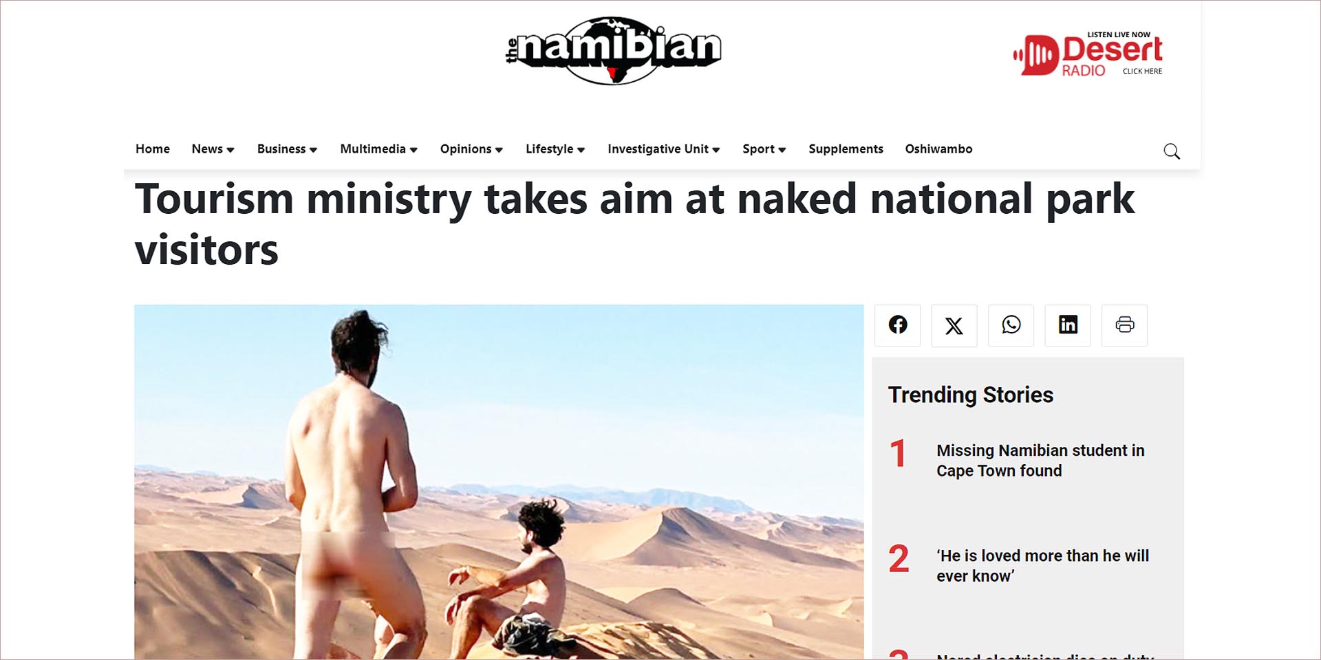 Naked in national park Report in daily newspaper The Namibian about outraged reaction of MEFT to a photo of holidaymakers sitting on the highest dune at Sossusvlei in their "birthday dress".  Screenshot: The Namibian