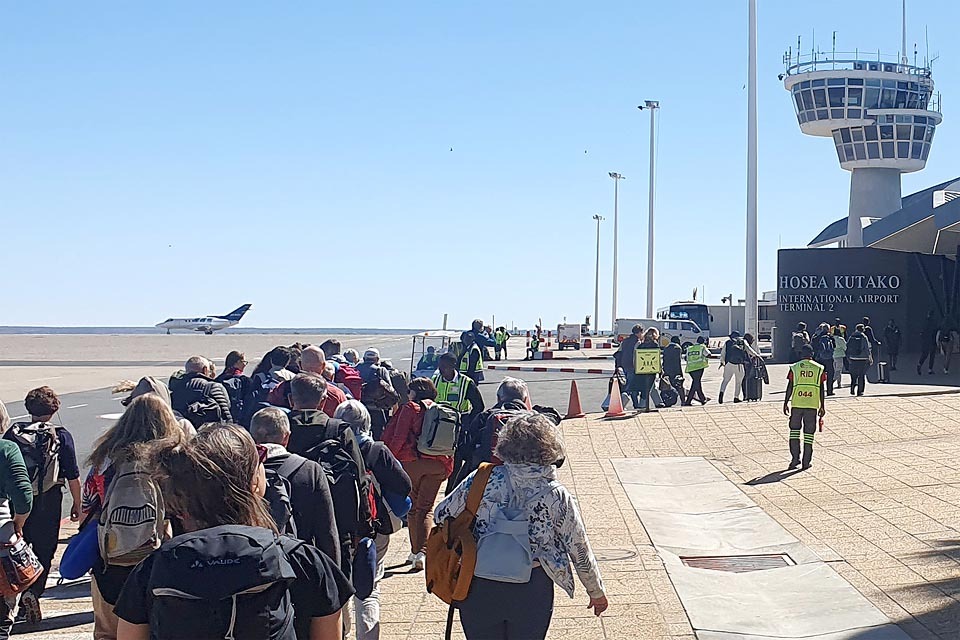 Holidaymakers arriving in Namibia at Hosea Kutako International Airport near Windhoek