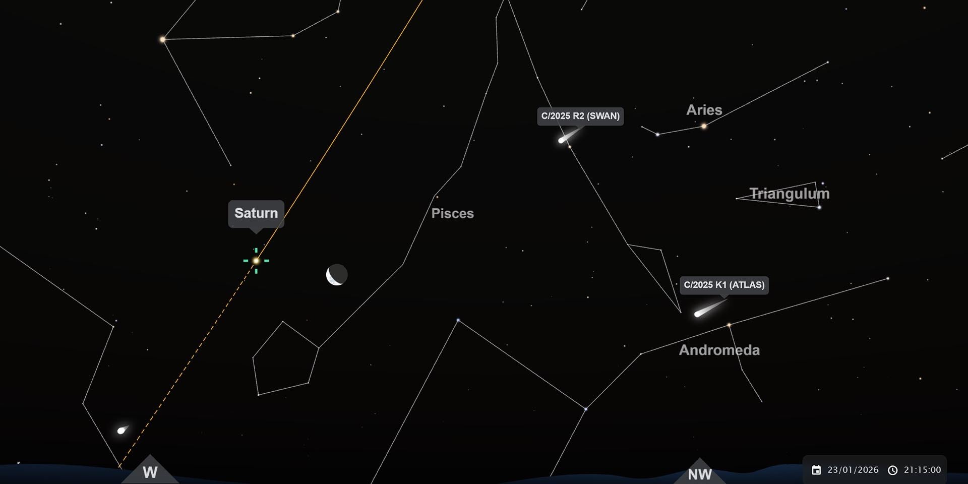 Saturn Moon comets C2025 R2 SWAN C2025 K1 ATLAS evening sky 23 January 2026 9.15 p.m. Windhoek looking west-northwest Image Screenshot interactive star chart TimeAndDate.com