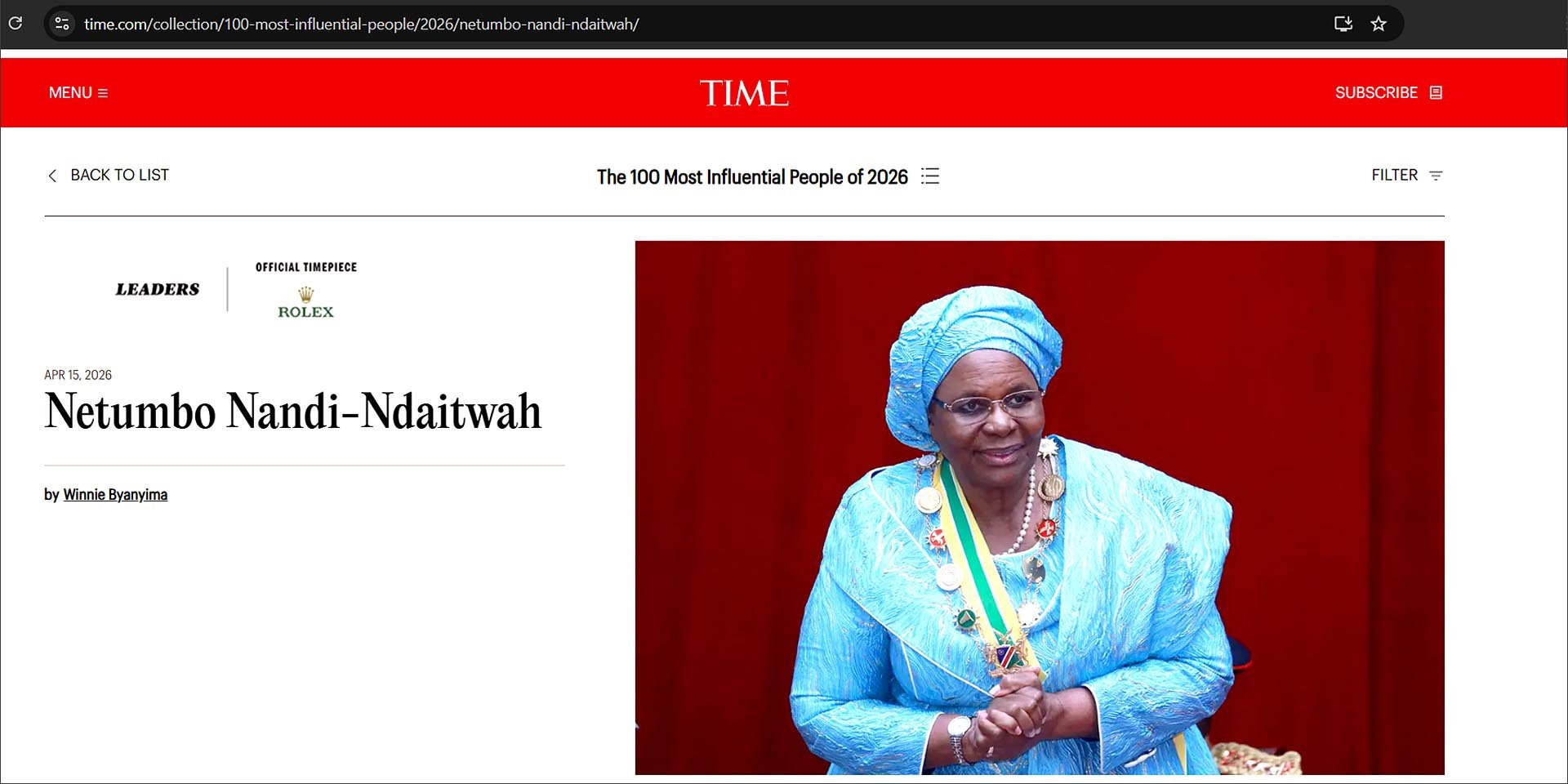 Selected by Time magazine one of 100 most influential people of 2026 Namibia's President Netumbo Nandi-Ndaitwah Photo Screenshot from Time.com