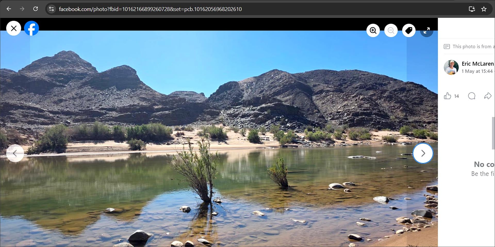 Flows in full width at endpoint of Fish River Canyon Trail Fish River photographed by Phil and Henriette Voigt near Ai-Ais on 1 May 2026 according to Facebook post by Eric McLaren
