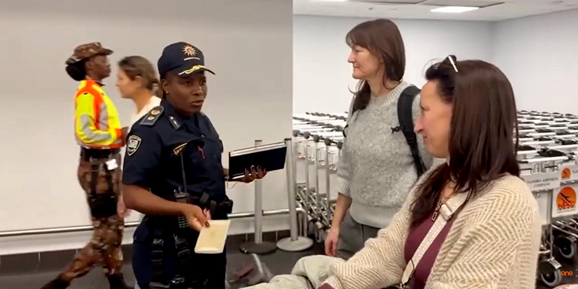 In action Hosea Kutako International Airport near Windhoek head of NamPol Tourism Protection Unit Chief Inspector Christina van Dunem daFonsech-Shikongo giving incoming tourists tips to prevent theft Photo Screenshot from One Africa report